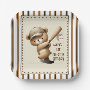 Homerun-Hitter-Streifen-Baseball-Bär 1. Geburtstag Pappteller