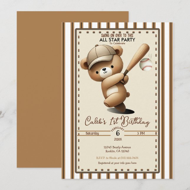 Homerun Hitter Strip Baseball Bär 1. Geburtstag Einladung (Vorne/Hinten)