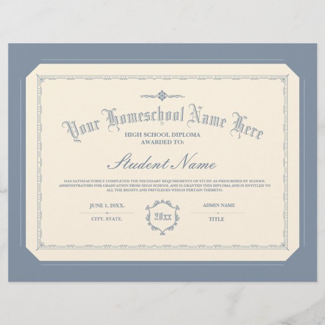 Homeschool Diploma Traditionelles Soft Blue (Vorderseite)
