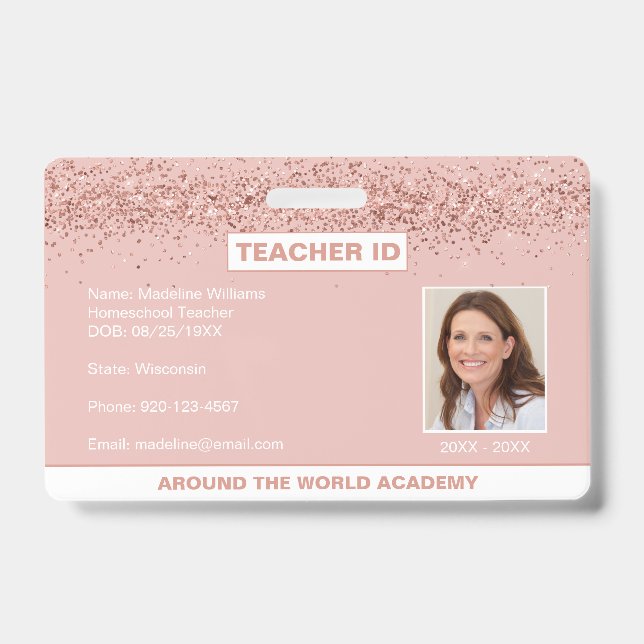 Homeschool Lehrer ID Rose Gold Glitzer Abzeichen Ausweis (Vorderseite)