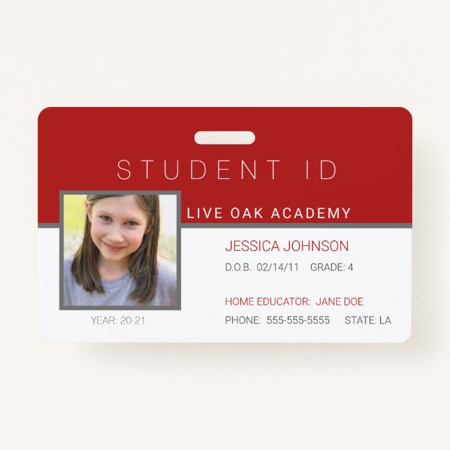 Homeschool Student ID Abzeichen - Modern Red Ausweis (Vorderseite)