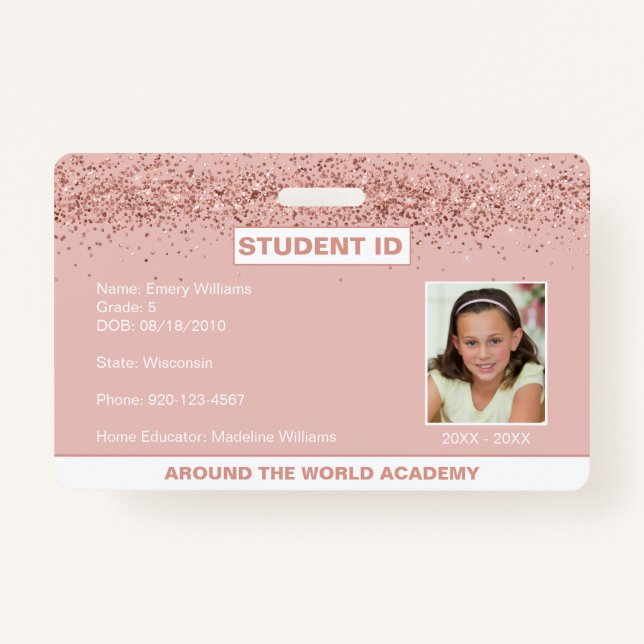 Homeschoor Student ID Rose Gold Glitzer Abzeichen Ausweis (Vorderseite)