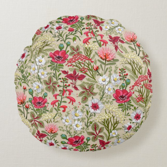 Homespun Red Herb Garden Pattern Rundes Kissen (Vorderseite)
