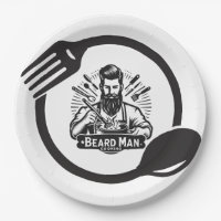 Homme barbu cuisine assiettes en papier