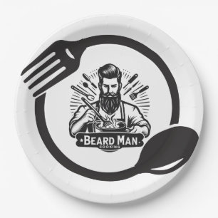 Homme barbu cuisine assiettes en papier