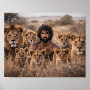 Homme élevé par une fierté de lions Affiche faune