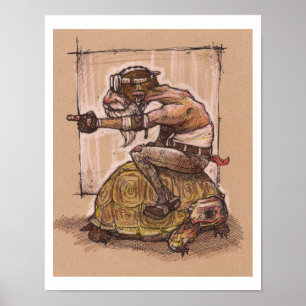 Homme montant une affiche de dessin de tortue