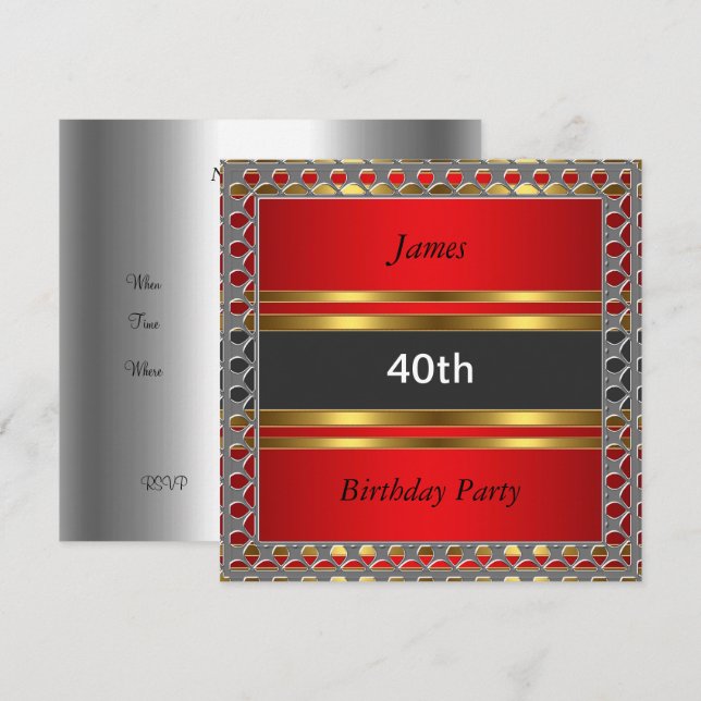 Hommes 40e anniversaire fête Invitation rouge (Devant / Derrière)