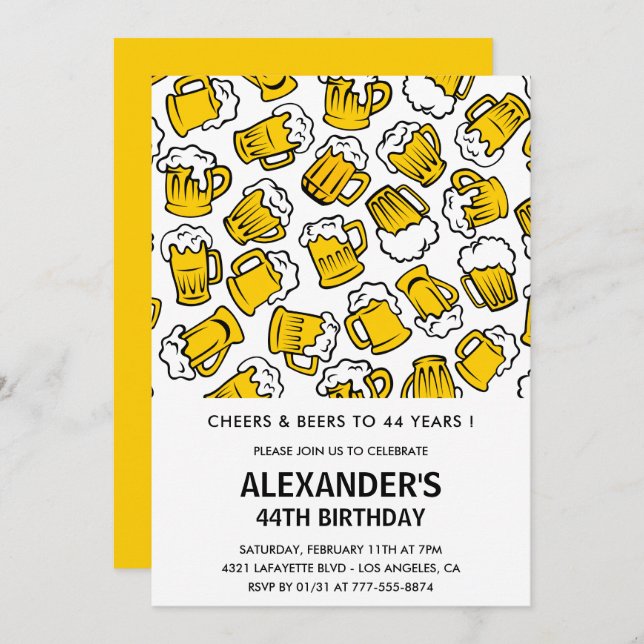 Hommes 44e anniversaire invitations Cheers et bièr (Devant / Derrière)