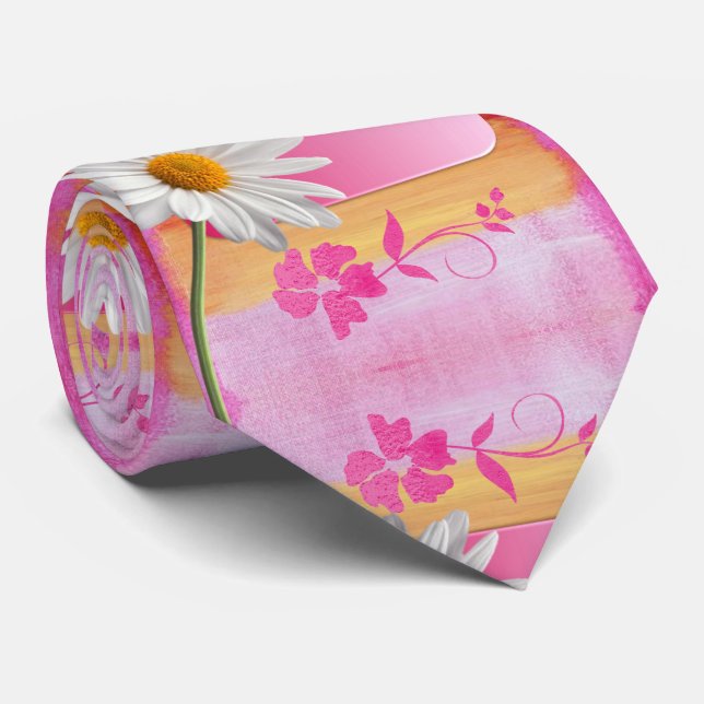 Hommes Designer Cravate rose blanc marguerite (Roulé)