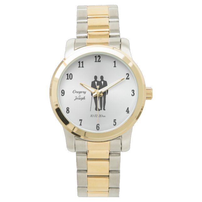 Homosexuelle Hochzeitsräume mit Namen und Datum Armbanduhr (Vorderseite)