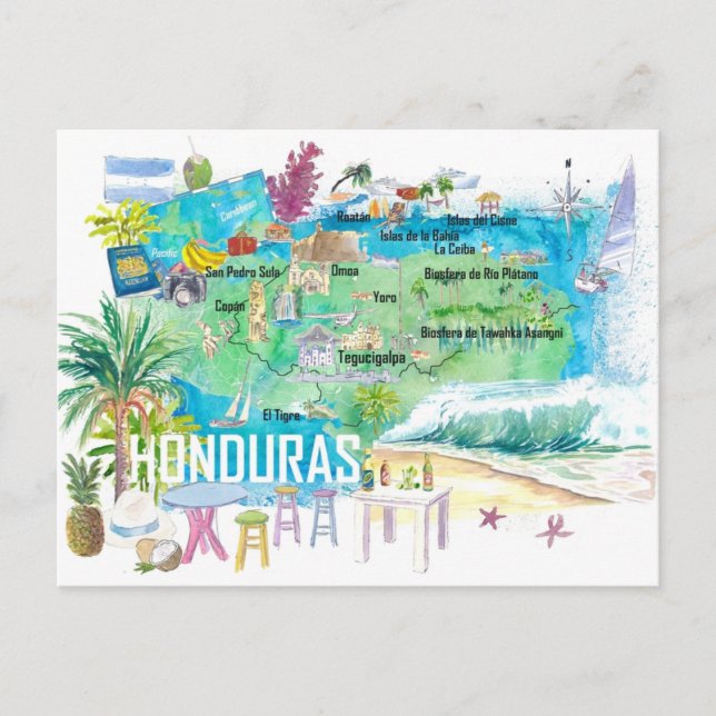 Honduras Illustrierte Reisekarte mit Straßen Postkarte (Vorderseite)