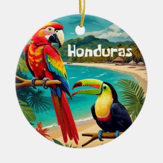 Honduras Reise Vintage Poster Ara und Tukan Keramik Ornament