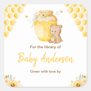 Honey Bear Baby Baby Shower Exlibris Quadratischer Aufkleber