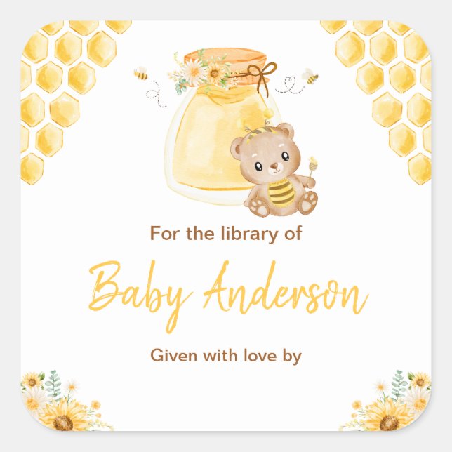 Honey Bear Baby Dusche Buchzeichen Quadratischer Aufkleber (Vorderseite)