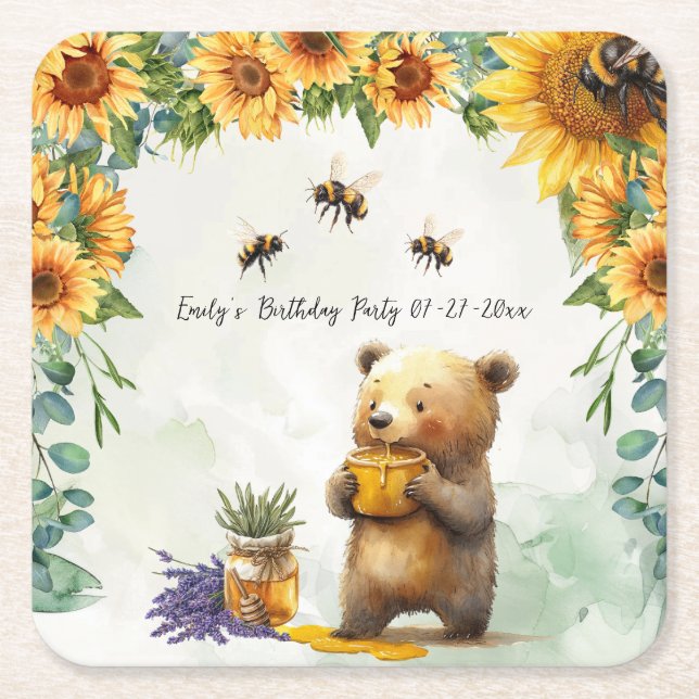 Honey Bear Birthday Party Cake Paper Teller Rechteckiger Pappuntersetzer (Vorderseite)