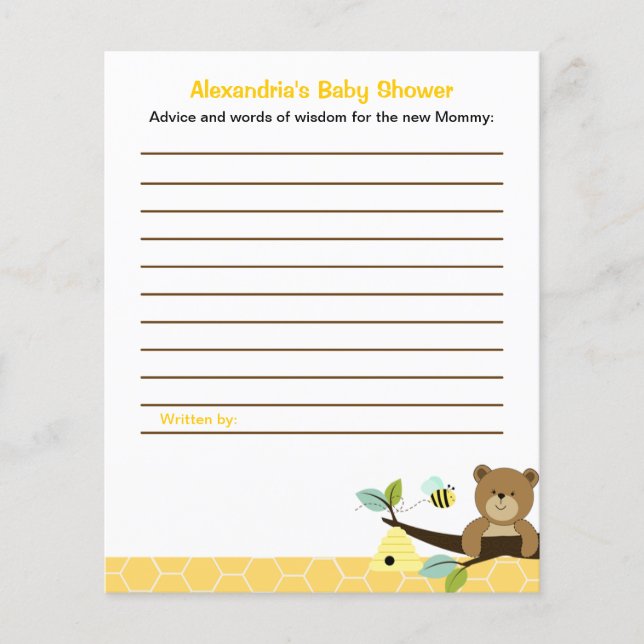 Honey Bear Custom Flyer Baby Shower Admin Cards (Vorderseite)