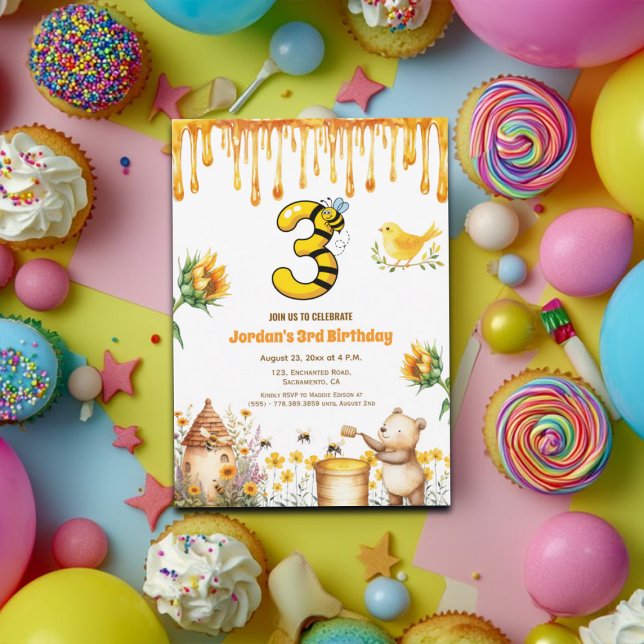 Honey Bear Invitation de fête du 3e anniversaire (Créateur téléchargé)