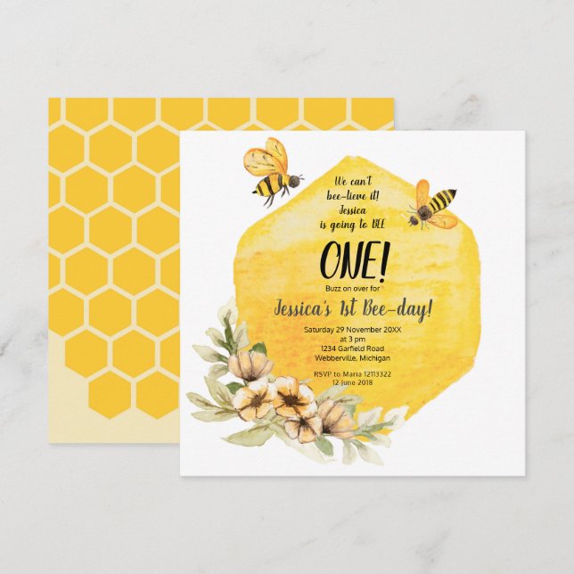 Honey Bee 1er Birthday Party Invitation Girl (Devant / Derrière)
