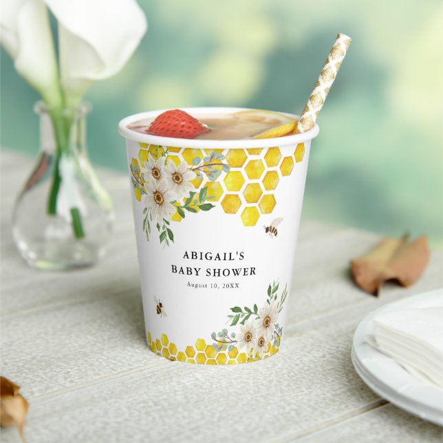 Honey Bee and Daisies Personalisiert Baby Shower Pappbecher (In Situ)