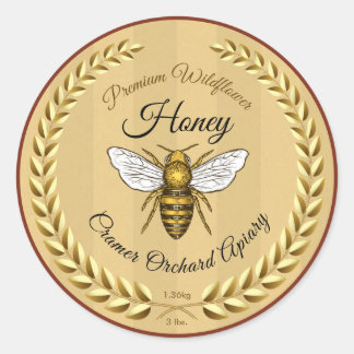 Honey Bee and Garland Dark Amber Runder Aufkleber