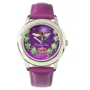 HONEY BEE AND GREEN FLORAL CROWN Beekeeper Lila Armbanduhr