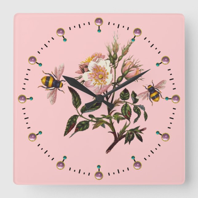 HONEY BEE AND WILD ROSES ,BEEKEEPER QUADRATISCHE WANDUHR (Vorderseite)
