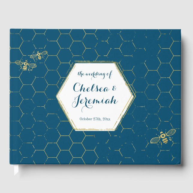 Honey Bee Aquamarin Gold Muster Custom Wedding Gästebuch (Vorderseite)