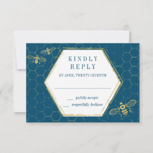 Honey Bee Aquamarin Gold Pattern RSVP Card Karte
