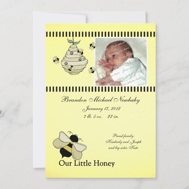 Honey Bee Baby Birth Ankündigung (Vorderseite)
