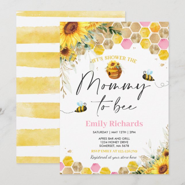 Honey Bee Baby Dusche Sonnenblumen Mami zu sein Einladung (Vorne/Hinten)