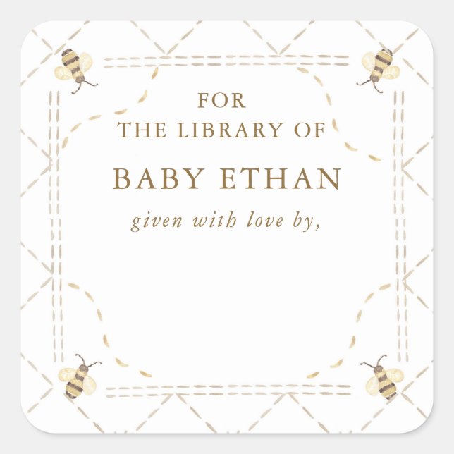 Honey Bee Baby Shower Book Library Quadratischer Aufkleber (Vorderseite)