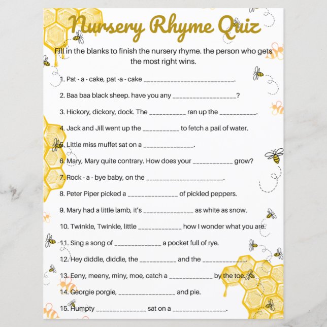 Honey Bee Baby Shower Kinderzimmer Rhymes Game (Vorderseite)