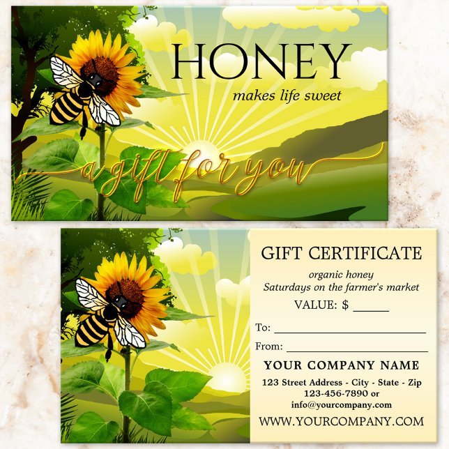 Honey Bee Bauern Market Gift Certificate (Gift certificate featuring an artistic illustration with sunflower and honey bee on fresh greenery)