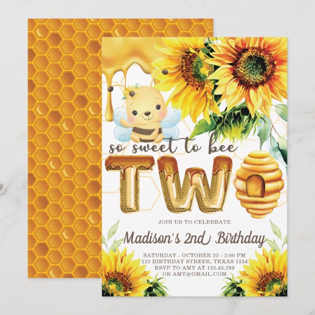 Honey Bee Birthday Sonnenblume Niedlich 2. Geburts Einladung (Vorne/Hinten)