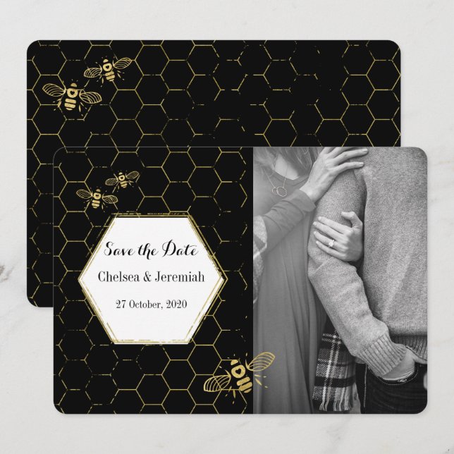 Honey Bee Black Gold Custom Foto Save the Date Einladung (Vorne/Hinten)