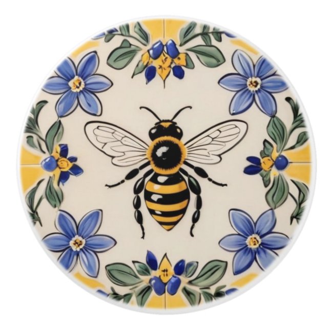 Honey Bee Blue and Yellow Mediterranean Keramikknauf (Vorderseite)