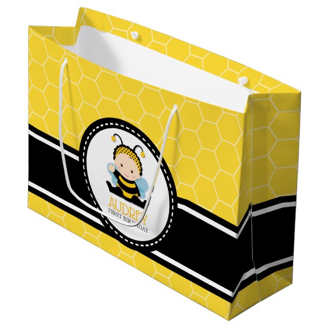Honey Bee Bumblebee First Birthday Baby Shower Große Geschenktüte (Vorderseite Schrägansicht)