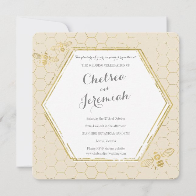 Honey Bee Cream Gold Custom Wedding Invitation (Devant)
