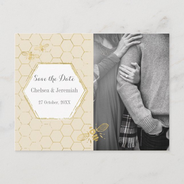 Honey Bee Cream Gold Foto Save the Date Postkarte (Vorderseite)