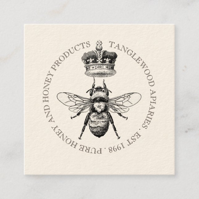 Honey Bee Crown Apiary Beekeeping | Schwarz auf Cr Quadratische Visitenkarte (Vorderseite)