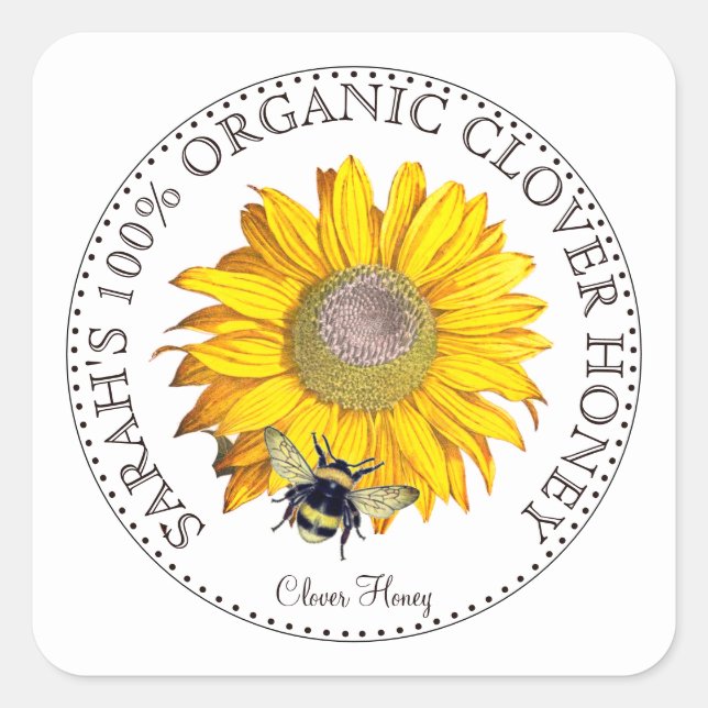 Honey Bee Daisy Honey Jar Label Quadratischer Aufkleber (Vorderseite)