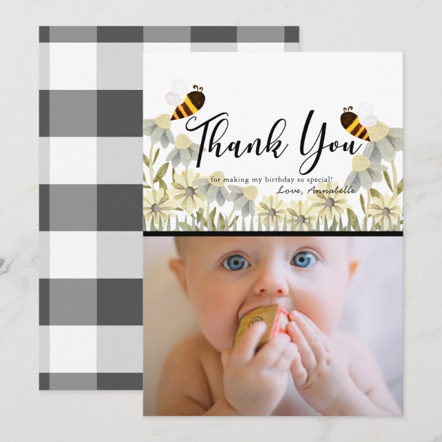 Honey Bee Daisy White Foto Danke-Card Einladung (Vorne/Hinten)