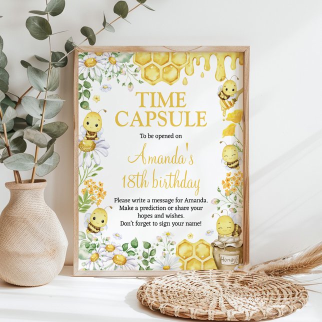 Honey Bee Floral Birthday Party Time Capsule Sign Poster (Von Creator hochgeladen)
