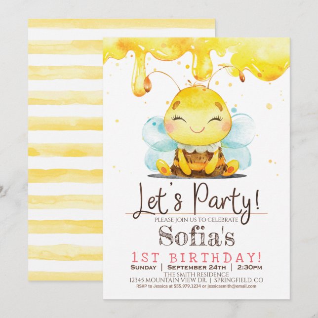 Honey Bee Girl Anniversaire Fête Invitation (Devant / Derrière)