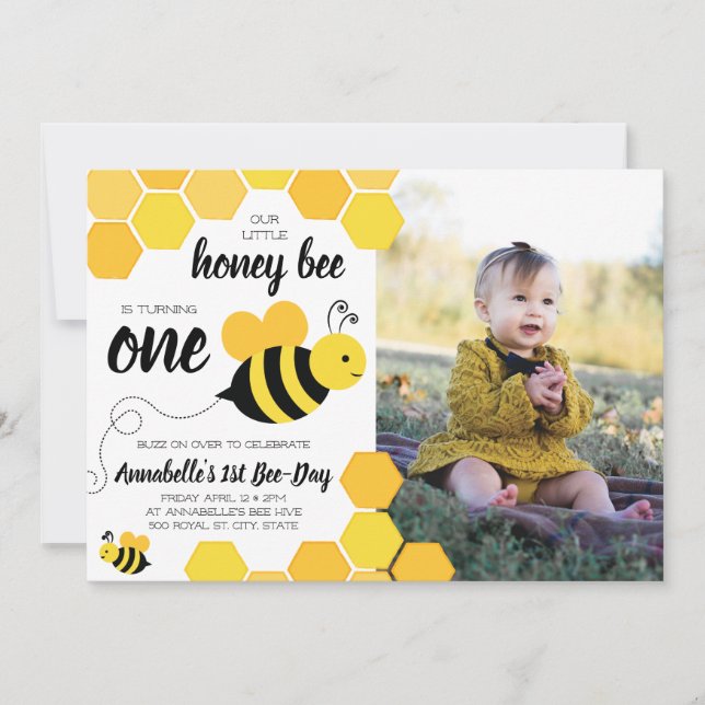 Honey Bee Girls First Birthday Foto Einladung (Vorderseite)