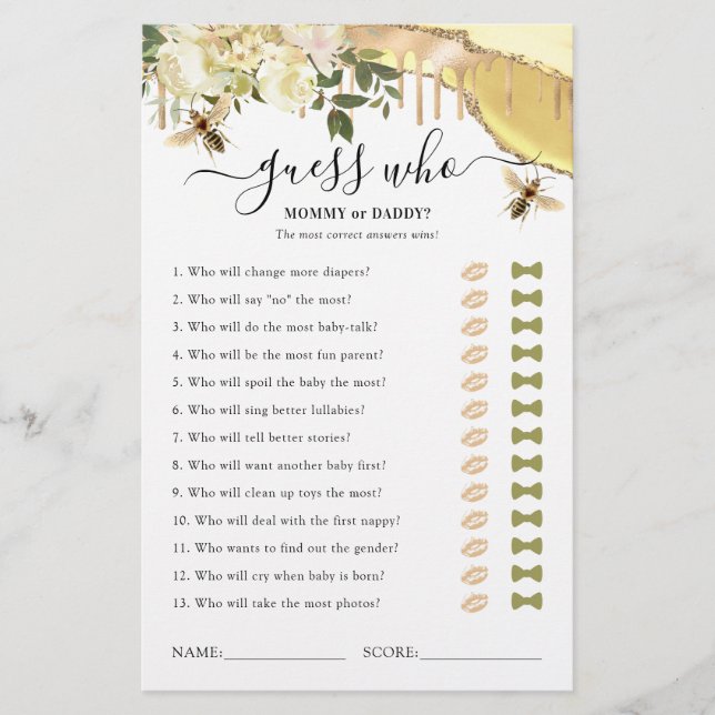 Honey Bee Guessing Baby Shower Game (Vorderseite)