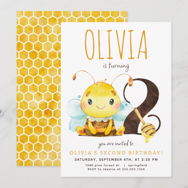 Honey Bee Invitation pour le deuxième anniversaire (Devant / Derrière)