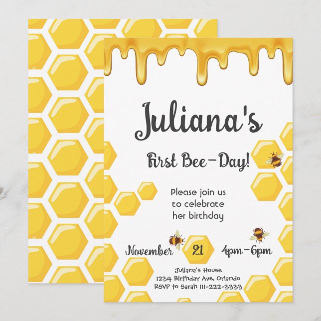 Honey Bee Kids 1. Geburtstag Einladung (Vorne/Hinten)
