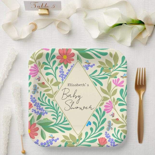 Honey Bee, Ladybug, Butterfly, Dragonfly & Blume Pappteller (Hochzeit)